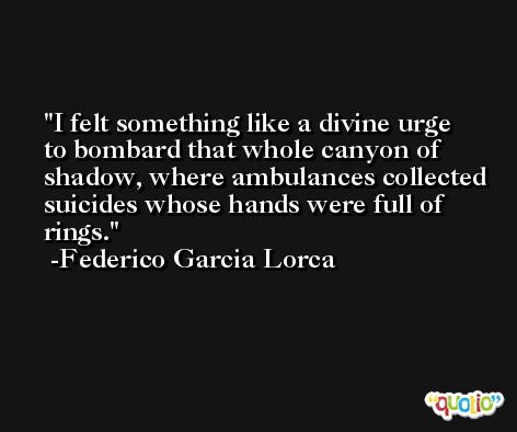 I felt something like a divine urge to bombard that whole canyon of shadow, where ambulances collected suicides whose hands were full of rings. -Federico Garcia Lorca