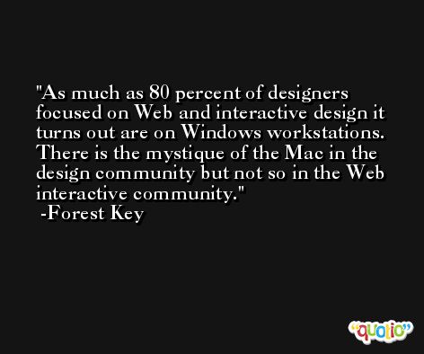 As much as 80 percent of designers focused on Web and interactive design it turns out are on Windows workstations. There is the mystique of the Mac in the design community but not so in the Web interactive community. -Forest Key