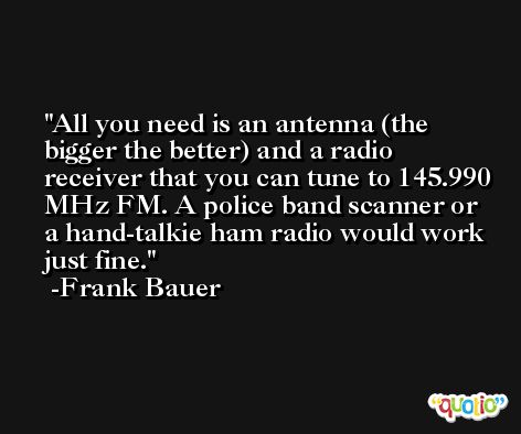 All you need is an antenna (the bigger the better) and a radio receiver that you can tune to 145.990 MHz FM. A police band scanner or a hand-talkie ham radio would work just fine. -Frank Bauer