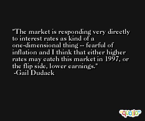 The market is responding very directly to interest rates as kind of a one-dimensional thing -- fearful of inflation and I think that either higher rates may catch this market in 1997, or the flip side, lower earnings. -Gail Dudack