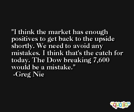 I think the market has enough positives to get back to the upside shortly. We need to avoid any mistakes. I think that's the catch for today. The Dow breaking 7,600 would be a mistake. -Greg Nie