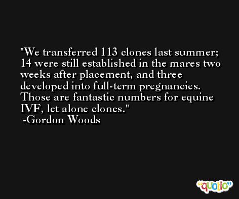 We transferred 113 clones last summer; 14 were still established in the mares two weeks after placement, and three developed into full-term pregnancies. Those are fantastic numbers for equine IVF, let alone clones. -Gordon Woods