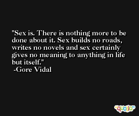 Sex is. There is nothing more to be done about it. Sex builds no roads, writes no novels and sex certainly gives no meaning to anything in life but itself. -Gore Vidal