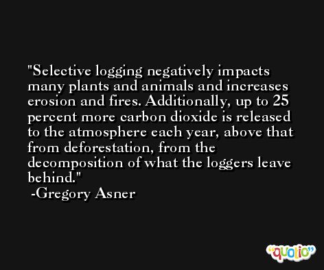 Selective logging negatively impacts many plants and animals and increases erosion and fires. Additionally, up to 25 percent more carbon dioxide is released to the atmosphere each year, above that from deforestation, from the decomposition of what the loggers leave behind. -Gregory Asner
