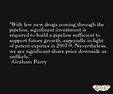 With few new drugs coming through the pipeline, significant investment is required to build a pipeline sufficient to support future growth, especially in light of patent expiries in 2007-9. Nevertheless, we see significant share price downside as unlikely. -Graham Parry