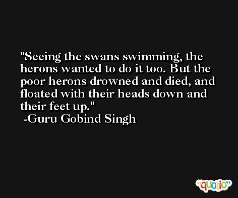 Seeing the swans swimming, the herons wanted to do it too. But the poor herons drowned and died, and floated with their heads down and their feet up. -Guru Gobind Singh