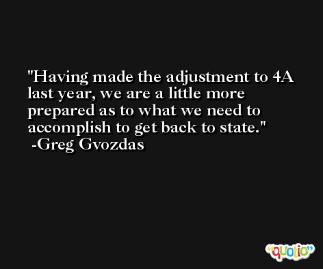 Having made the adjustment to 4A last year, we are a little more prepared as to what we need to accomplish to get back to state. -Greg Gvozdas