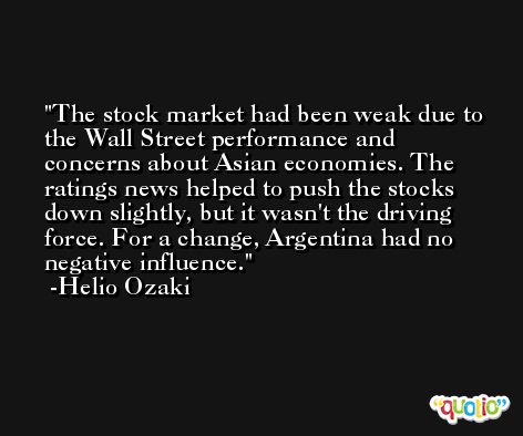 The stock market had been weak due to the Wall Street performance and concerns about Asian economies. The ratings news helped to push the stocks down slightly, but it wasn't the driving force. For a change, Argentina had no negative influence. -Helio Ozaki