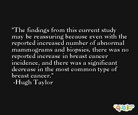 The findings from this current study may be reassuring because even with the reported increased number of abnormal mammograms and biopsies, there was no reported increase in breast cancer incidence, and there was a significant decrease in the most common type of breast cancer. -Hugh Taylor