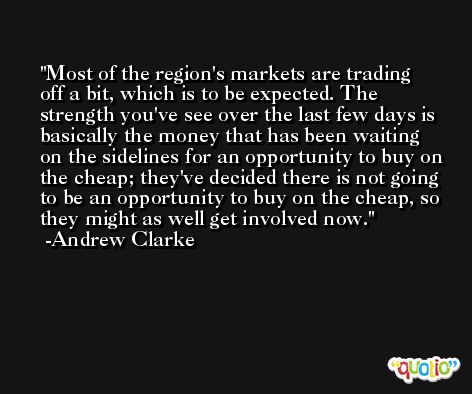 Most of the region's markets are trading off a bit, which is to be expected. The strength you've see over the last few days is basically the money that has been waiting on the sidelines for an opportunity to buy on the cheap; they've decided there is not going to be an opportunity to buy on the cheap, so they might as well get involved now. -Andrew Clarke