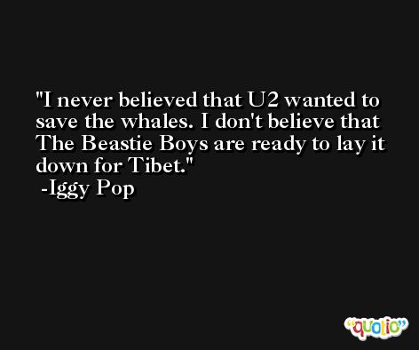I never believed that U2 wanted to save the whales. I don't believe that The Beastie Boys are ready to lay it down for Tibet. -Iggy Pop