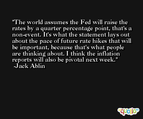 The world assumes the Fed will raise the rates by a quarter percentage point, that's a non-event. It's what the statement lays out about the pace of future rate hikes that will be important, because that's what people are thinking about. I think the inflation reports will also be pivotal next week. -Jack Ablin