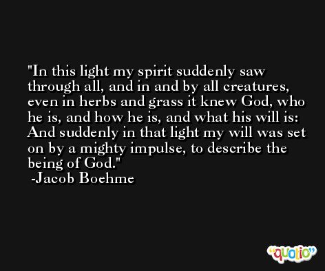 In this light my spirit suddenly saw through all, and in and by all creatures, even in herbs and grass it knew God, who he is, and how he is, and what his will is: And suddenly in that light my will was set on by a mighty impulse, to describe the being of God. -Jacob Boehme