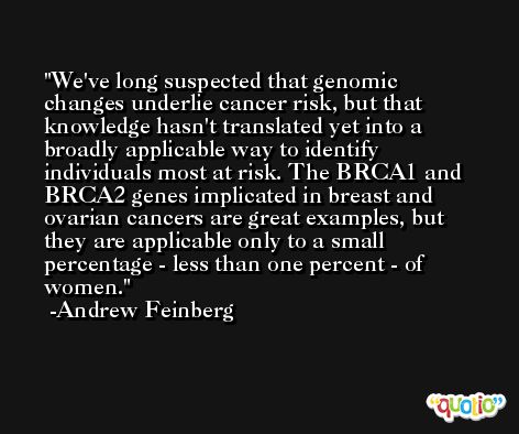 We've long suspected that genomic changes underlie cancer risk, but that knowledge hasn't translated yet into a broadly applicable way to identify individuals most at risk. The BRCA1 and BRCA2 genes implicated in breast and ovarian cancers are great examples, but they are applicable only to a small percentage - less than one percent - of women. -Andrew Feinberg