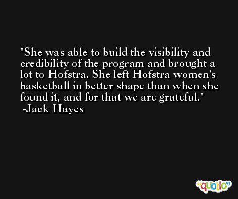 She was able to build the visibility and credibility of the program and brought a lot to Hofstra. She left Hofstra women's basketball in better shape than when she found it, and for that we are grateful. -Jack Hayes
