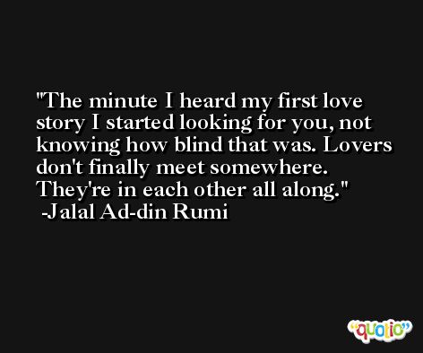 The minute I heard my first love story I started looking for you, not knowing how blind that was. Lovers don't finally meet somewhere. They're in each other all along. -Jalal Ad-din Rumi
