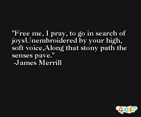 Free me, I pray, to go in search of joysUnembroidered by your high, soft voice,Along that stony path the senses pave. -James Merrill