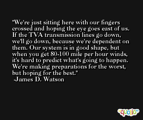 We're just sitting here with our fingers crossed and hoping the eye goes east of us. If the TVA transmission lines go down, we'll go down, because we're dependent on them. Our system is in good shape, but when you get 80-100 mile per hour winds, it's hard to predict what's going to happen. We're making preparations for the worst, but hoping for the best. -James D. Watson