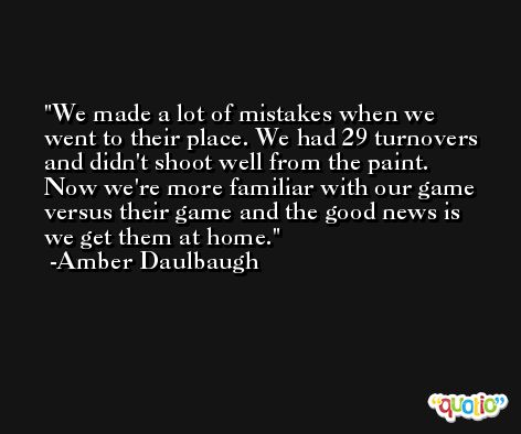 We made a lot of mistakes when we went to their place. We had 29 turnovers and didn't shoot well from the paint. Now we're more familiar with our game versus their game and the good news is we get them at home. -Amber Daulbaugh