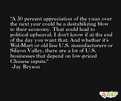 A 30 percent appreciation of the yuan over the next year could be a destabilizing blow to their economy. That could lead to political upheaval. I don't know if at the end of the day you want that. And whether it's Wal-Mart or old line U.S. manufacturers or Silicon Valley, there are a lot of U.S. businesses that depend on low-priced Chinese inputs. -Jay Bryson