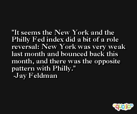 It seems the New York and the Philly Fed index did a bit of a role reversal: New York was very weak last month and bounced back this month, and there was the opposite pattern with Philly. -Jay Feldman