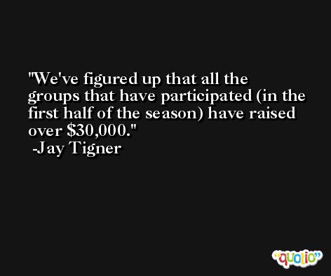 We've figured up that all the groups that have participated (in the first half of the season) have raised over $30,000. -Jay Tigner