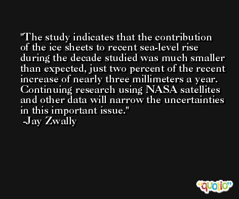 The study indicates that the contribution of the ice sheets to recent sea-level rise during the decade studied was much smaller than expected, just two percent of the recent increase of nearly three millimeters a year. Continuing research using NASA satellites and other data will narrow the uncertainties in this important issue. -Jay Zwally