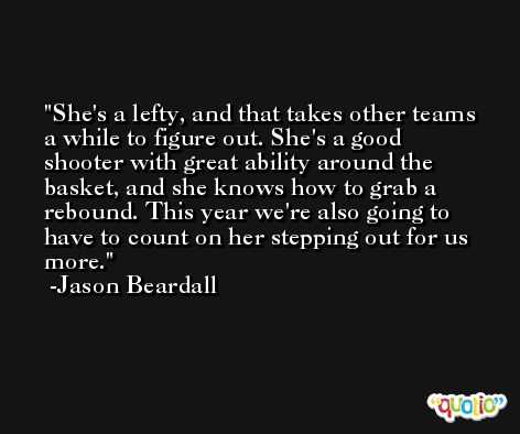 She's a lefty, and that takes other teams a while to figure out. She's a good shooter with great ability around the basket, and she knows how to grab a rebound. This year we're also going to have to count on her stepping out for us more. -Jason Beardall