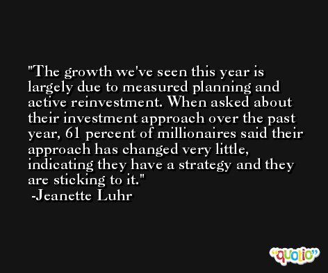 The growth we've seen this year is largely due to measured planning and active reinvestment. When asked about their investment approach over the past year, 61 percent of millionaires said their approach has changed very little, indicating they have a strategy and they are sticking to it. -Jeanette Luhr