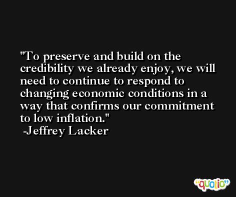 To preserve and build on the credibility we already enjoy, we will need to continue to respond to changing economic conditions in a way that confirms our commitment to low inflation. -Jeffrey Lacker