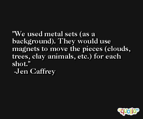 We used metal sets (as a background). They would use magnets to move the pieces (clouds, trees, clay animals, etc.) for each shot. -Jen Caffrey