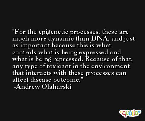 For the epigenetic processes, these are much more dynamic than DNA, and just as important because this is what controls what is being expressed and what is being repressed. Because of that, any type of toxicant in the environment that interacts with these processes can affect disease outcome. -Andrew Olaharski