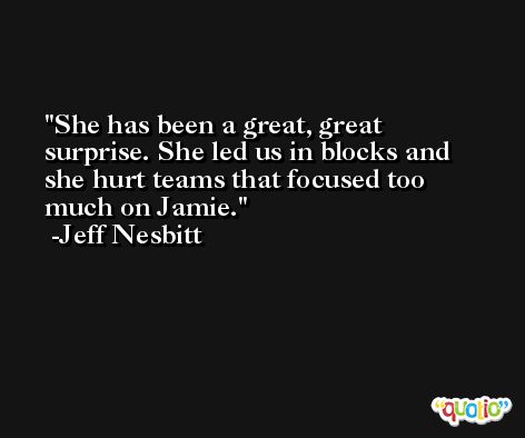 She has been a great, great surprise. She led us in blocks and she hurt teams that focused too much on Jamie. -Jeff Nesbitt