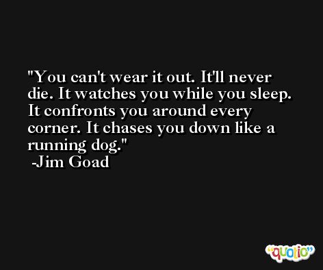 You can't wear it out. It'll never die. It watches you while you sleep. It confronts you around every corner. It chases you down like a running dog. -Jim Goad
