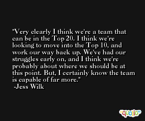 Very clearly I think we're a team that can be in the Top 20. I think we're looking to move into the Top 10, and work our way back up. We've had our struggles early on, and I think we're probably about where we should be at this point. But, I certainly know the team is capable of far more. -Jess Wilk