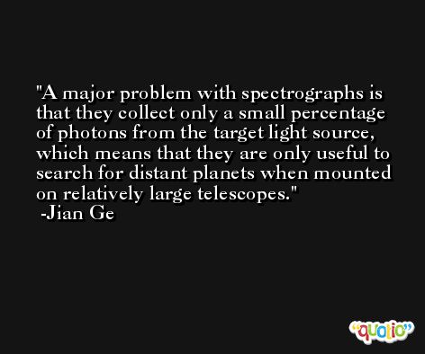 A major problem with spectrographs is that they collect only a small percentage of photons from the target light source, which means that they are only useful to search for distant planets when mounted on relatively large telescopes. -Jian Ge