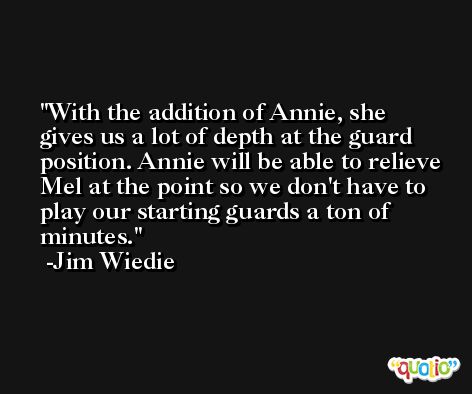 With the addition of Annie, she gives us a lot of depth at the guard position. Annie will be able to relieve Mel at the point so we don't have to play our starting guards a ton of minutes. -Jim Wiedie
