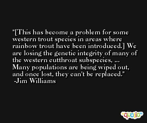 [This has become a problem for some western trout species in areas where rainbow trout have been introduced.] We are losing the genetic integrity of many of the western cutthroat subspecies, ... Many populations are being wiped out, and once lost, they can't be replaced. -Jim Williams