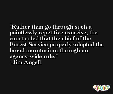 Rather than go through such a pointlessly repetitive exercise, the court ruled that the chief of the Forest Service properly adopted the broad moratorium through an agency-wide rule. -Jim Angell