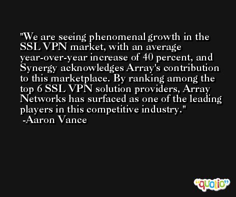 We are seeing phenomenal growth in the SSL VPN market, with an average year-over-year increase of 40 percent, and Synergy acknowledges Array's contribution to this marketplace. By ranking among the top 6 SSL VPN solution providers, Array Networks has surfaced as one of the leading players in this competitive industry. -Aaron Vance