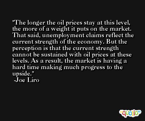 The longer the oil prices stay at this level, the more of a weight it puts on the market. That said, unemployment claims reflect the current strength of the economy. But the perception is that the current strength cannot be sustained with oil prices at these levels. As a result, the market is having a hard time making much progress to the upside. -Joe Liro