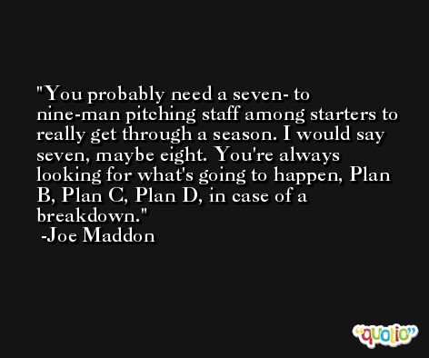 You probably need a seven- to nine-man pitching staff among starters to really get through a season. I would say seven, maybe eight. You're always looking for what's going to happen, Plan B, Plan C, Plan D, in case of a breakdown. -Joe Maddon