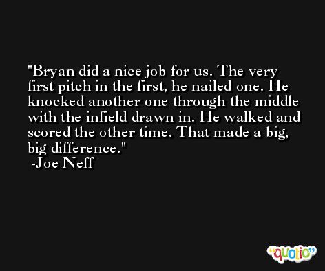 Bryan did a nice job for us. The very first pitch in the first, he nailed one. He knocked another one through the middle with the infield drawn in. He walked and scored the other time. That made a big, big difference. -Joe Neff