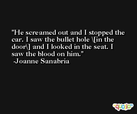 He screamed out and I stopped the car. I saw the bullet hole \[in the door\] and I looked in the seat. I saw the blood on him. -Joanne Sanabria
