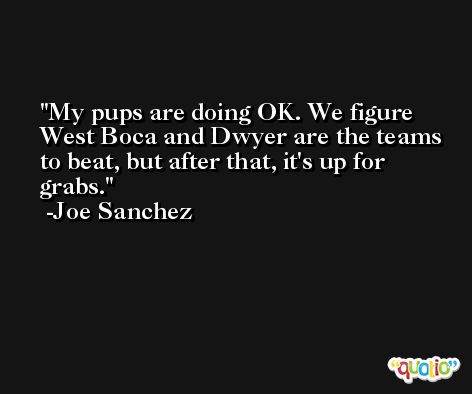 My pups are doing OK. We figure West Boca and Dwyer are the teams to beat, but after that, it's up for grabs. -Joe Sanchez