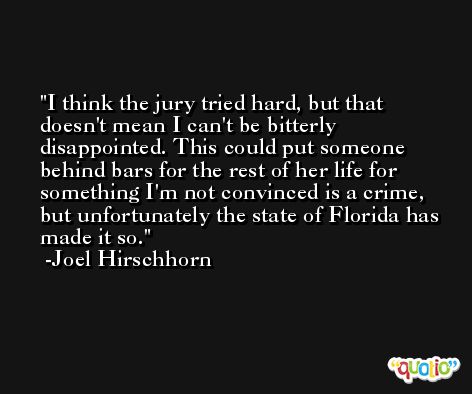 I think the jury tried hard, but that doesn't mean I can't be bitterly disappointed. This could put someone behind bars for the rest of her life for something I'm not convinced is a crime, but unfortunately the state of Florida has made it so. -Joel Hirschhorn