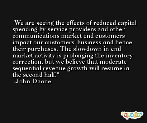 We are seeing the effects of reduced capital spending by service providers and other communications market end customers impact our customers' business and hence their purchases. The slowdown in end market activity is prolonging the inventory correction, but we believe that moderate sequential revenue growth will resume in the second half. -John Daane