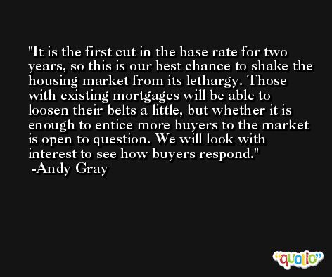 It is the first cut in the base rate for two years, so this is our best chance to shake the housing market from its lethargy. Those with existing mortgages will be able to loosen their belts a little, but whether it is enough to entice more buyers to the market is open to question. We will look with interest to see how buyers respond. -Andy Gray