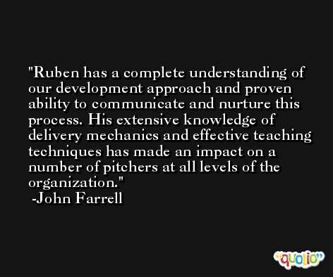 Ruben has a complete understanding of our development approach and proven ability to communicate and nurture this process. His extensive knowledge of delivery mechanics and effective teaching techniques has made an impact on a number of pitchers at all levels of the organization. -John Farrell