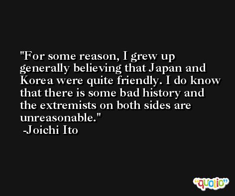 For some reason, I grew up generally believing that Japan and Korea were quite friendly. I do know that there is some bad history and the extremists on both sides are unreasonable. -Joichi Ito